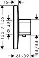 Hansgrohe Thermostat mit runder Oberfläche und Auslass, mittig montiert. Maße und Details sind im technischen Diagramm vermerkt.